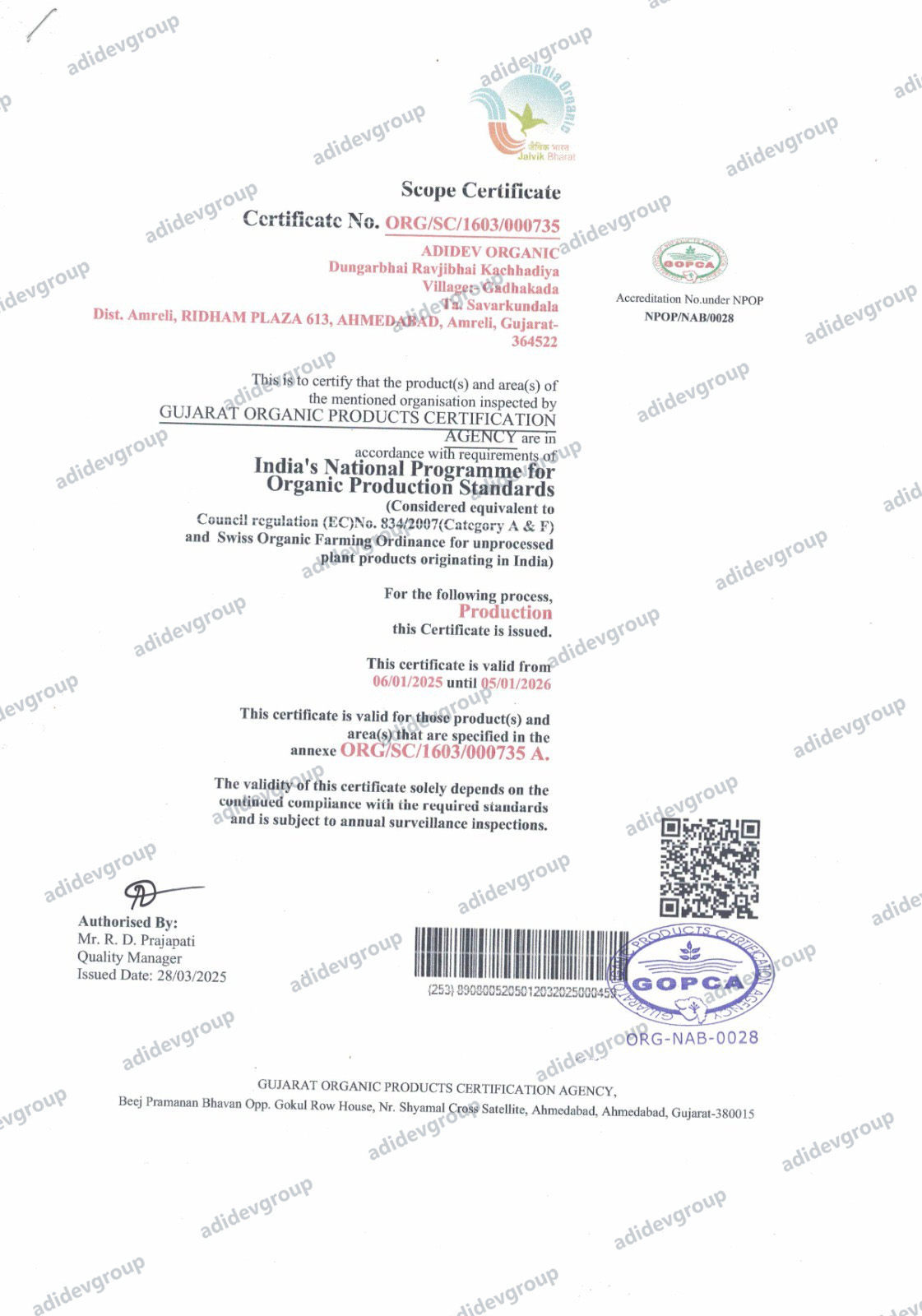 Gopca Board Certificate Adidev group of farmers